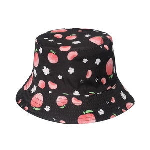 Women's black bucket hat with pink peach and white floral print for summer sun protection