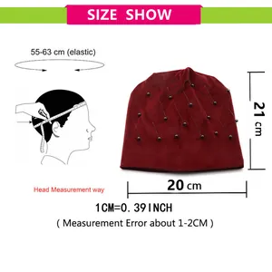 Size guide for women velvet beanie showing 55-63cm head circumference and height