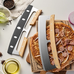 Stainless Steel Pizza Rocker Knife With Wood Handle Curved Blade Mezzaluna Slicer For Kitchen Baking Pizza Cutter With Cover