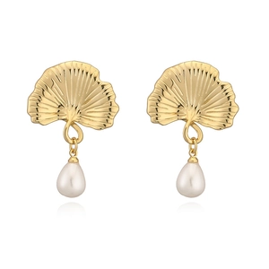 Elegant 18K gold plated ginkgo leaf earrings featuring white teardrop pearl pendants