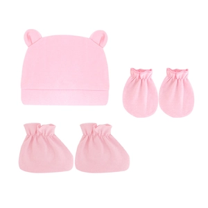 Rosa Baby-Set aus Baumwolle mit Bärenohr-Mütze, Fäustlingen und Schühchen für Neugeborene
