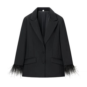 Women's black long sleeve blazer with elegant feather cuffs and two-button closure