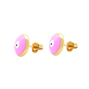 Detailed close-up of pink enamel eye stud earrings with 18K gold-plated copper base