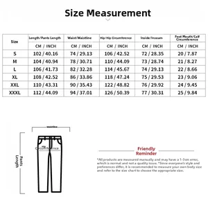 Detailed size chart for men jacquard striped wide leg pants including CM and INCH measurements