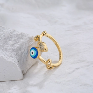 Gold plated evil eye open ring featuring blue enamel and sparkling zircon accents