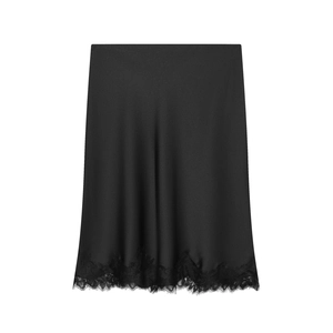 Eleganter schwarzer Satin-Midirock mit zartem Spitzenbesatz für einen stilvollen Damen-Look