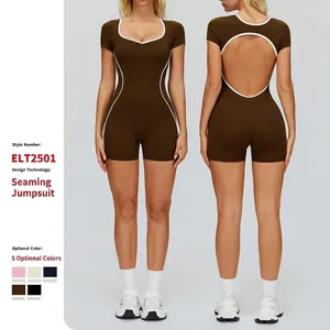 Women Athletic Romper Bodysuit Short Sleeve Open Back Contrast Binding Yoga Fitness Sporty Jumpsuit Nude Feel