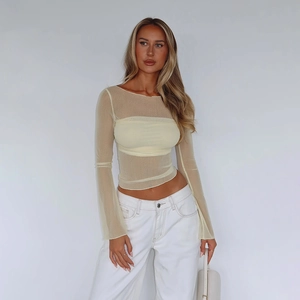 Haut court transparent en mesh jaune pâle à manches longues et bandeau assorti pour femme
