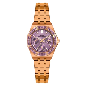 Detail of rose gold watch with purple textured dial and baguette crystal bezel