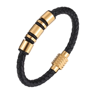 Bracelet pour homme en cuir tressé noir avec perles cylindriques dorées en acier
