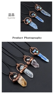 Detailed view of natural kyanite, white and yellow quartz crystals with vintage metal casing