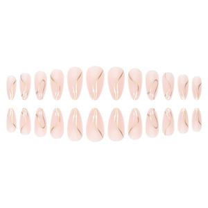Pink almond press-on nails set with elegant wavy golden lines on a white background