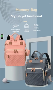 Detail view of pink and grey waterproof mummy bags with USB port and quilted pattern
