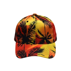 Detailed view of the sunset gradient baseball cap with black palm tree tropical prints