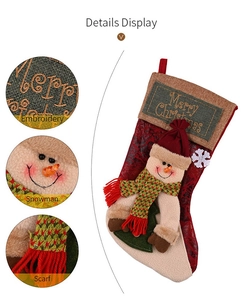 Close-up detail of a Christmas stocking with snowman decor and Merry Christmas embroidery
