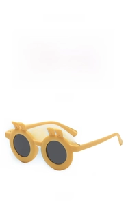 Front and side views of yellow rabbit ear round sunglasses for children with grey lenses