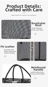 Detail of breathable mesh bath bag with BATH STORAGE leather patch and sturdy rope handles