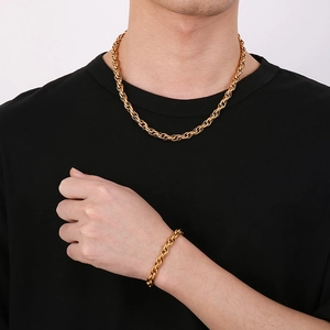 Gold-plated stainless steel square pendant necklace and rope chain set worn by male model
