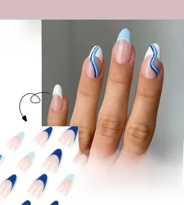 Unghie finte French wave blu e bianche stile mandorla medio-lunga modello JP1938