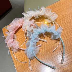 Three-piece set of girls' tulle crown headbands with colorful rhinestones and pearl tassels