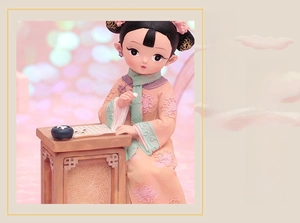 Close-up of vintage Chinese style girl figurine with hand-painted floral headwear details
