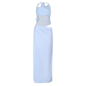 Close-up of light blue halter crop top with 3D floral accents and mesh splicing detail