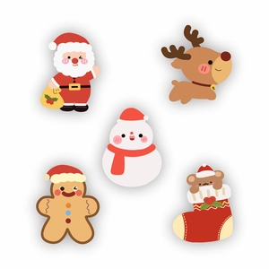 Cartoon Christmas pins set featuring Santa Claus, Reindeer and Snowman on white background