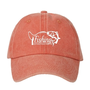Classic washed cotton baseball cap in peach pink featuring white Fishing text and fish logo