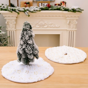 Christmas Tree Skirt White Plush Faux Fur Gold Silver Sequin Snowflakes Stars Mini Round Holiday Decor