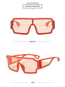 Front and side view of orange oversized square sunglasses with champagne lenses