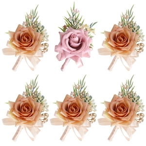 Set of 6 artificial rose boutonnieres in pink and champagne for wedding ceremonies