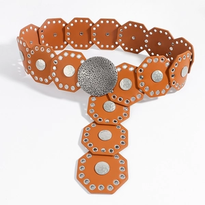 Western vintage orange leather belt with hollow hexagonal discs and silver round buckle