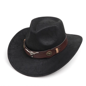 Black vintage suede cowboy hat featuring a silver bull head metal emblem and leather band