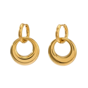 Polished 18K gold-plated stainless steel detachable double hoop earrings on white background