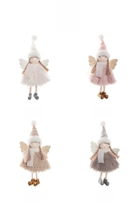 Detail view of plush Christmas angel hanging ornaments in white, pink, brown and grey