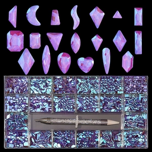 21-grid purple crystal nail art set with mixed shapes rhinestones and picking tool