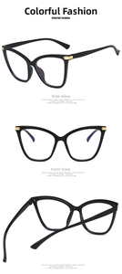 Three-angle views of glossy black cat-eye glasses frames with clear lenses for women