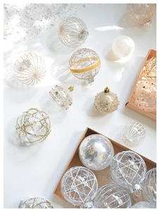 Detailed view of champagne SwanLace mesh Christmas ball ornaments with delicate pearl dots