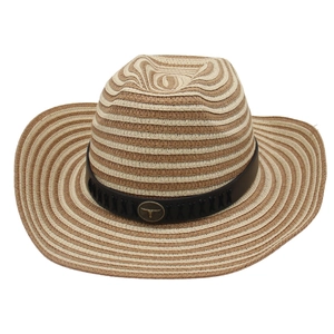 British style straw cowboy hat with leather band and metal bull head emblem