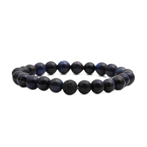 Handmade beaded bracelet with blue tiger eye and black lava stone beads on white background