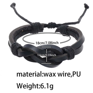 Detailed size chart for black woven leather bracelet showing 18cm length and PU material