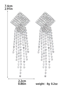 Detailed technical diagram showing 7.4cm long square rhinestone tassel earrings dimensions