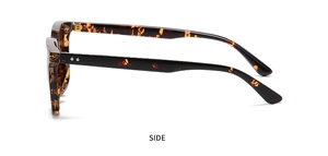 Side view of tortoise shell square frame sunglasses with metal rivet details