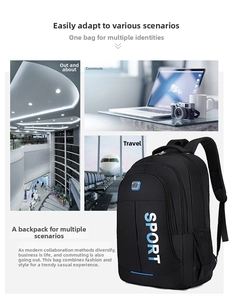 Detail of black Oxford backpack with SPORT logo across city and travel background scenes