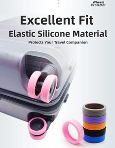 Detail showing elastic silicone luggage wheel covers in multiple colors for suitcase protection