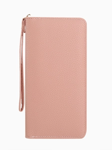 Pink lychee texture long zip wallet for women with matching wrist strap and metal zipper