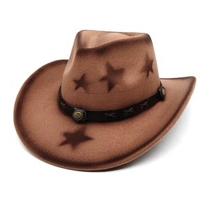 Vintage brown wool western cowboy hat with star prints and leather band with metal buckles
