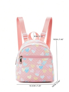 Detailed size specifications for a pink quilted PU mini backpack with heart prints