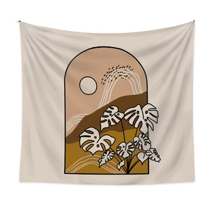 Bohemian abstract wall tapestry featuring beige mountain patterns and monstera leaf art