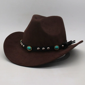 Chapeau de cowboy occidental en feutre marron foncé avec bandeau en cuir serti de turquoise